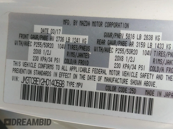 2017 Mazda CX-9 Signature with VIN JM3TCBEY2H0140598, listed as a IAAI auction lot 42561999 with 61,574 mi miles and . Bid and sale history available at DreamBid. Image 9.