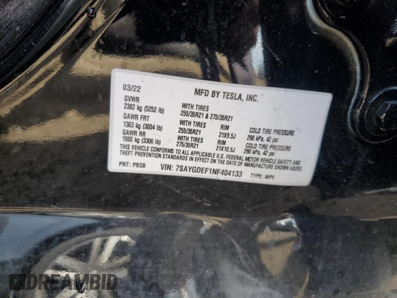 2022 Tesla Model Y Performance with VIN 7SAYGDEF1NF404133, listed as a Copart auction lot 51108165 with 44,102 mi miles and Salvage Title. Bid and sale history available at DreamBid. Image 14.