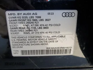 2024 Audi Q8 e-tron z VIN WA16AAGEXRB018273, wystawiony jako Copart lot #69306484 z przebiegiem 23 369 mil mil oraz Szkody całkowita. Historia ofert i sprzedaży dostępna na DreamBid. Obrazek 14.