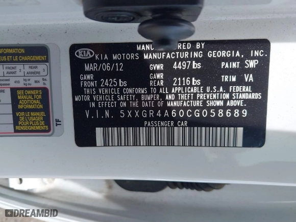 2012 Kia Optima SX with VIN 5XXGR4A60CG058689, listed as a IAAI auction lot 41774004 with 169,831 mi miles. Bid and sale history available at carsss.com. Image 9.
