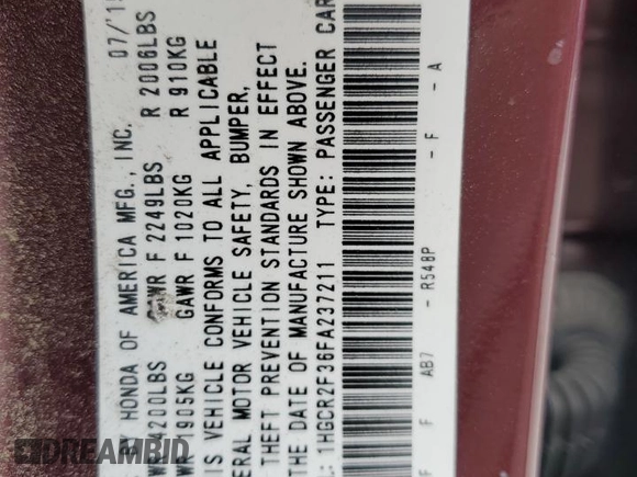 2015 Honda Accord Sedan LX with VIN 1HGCR2F36FA237211, listed as a Copart auction lot 53950105 with 89,639 mi miles and Salvage Title. Bid and sale history available at carsss.com. Image 13.