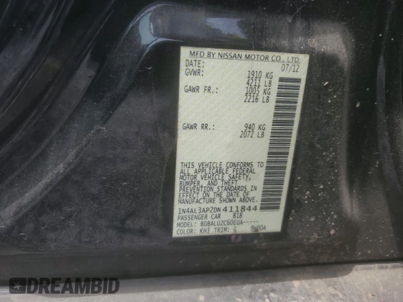 2013 Nissan Altima S with VIN 1N4AL3AP2DN411844, listed as a Copart auction lot 55561995 with 181,272 mi miles and Clean Title. Bid and sale history available at DreamBid. Image 12.