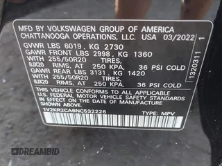 2022 Volkswagen Atlas SE with VIN 1V2KR2CA6NC532226, listed as a IAAI auction lot 42244894 with 33,767 mi miles and . Bid and sale history available at DreamBid. Image 9.