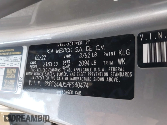 2023 Kia Forte LXS with VIN 3KPF24AD5PE540474, listed as a IAAI auction lot 42236749 with 53,154 mi miles and . Bid and sale history available at DreamBid. Image 9.