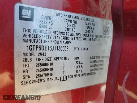 2018 GMC Canyon 4WD SLT with VIN 1GTP6DE16J1136652, listed as a Copart auction lot 45776315 with 138,469 mi miles and Salvage Title. Bid and sale history available at DreamBid. Image 12.