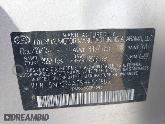 2017 Hyundai Sonata 2.4L with VIN 5NPE24AF5HH541585, listed as a IAAI auction lot 42181953 with 116,768 mi miles and . Bid and sale history available at carsss.com. Image 9.
