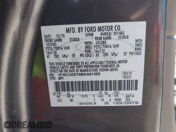 2011 Ford Escape XLT with VIN 1FMCU0D74BKA81385, listed as a IAAI auction lot 41895835 with 238,298 mi miles. Bid and sale history available at carsss.com. Image 9.