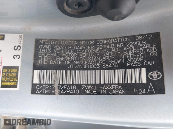 2012 Toyota Prius Two z VIN JTDZN3EU0C3168438, wystawiony jako IAAI lot #41929436 z przebiegiem 140 671 mil mil oraz . Historia ofert i sprzedaży dostępna na DreamBid. Obrazek 9.