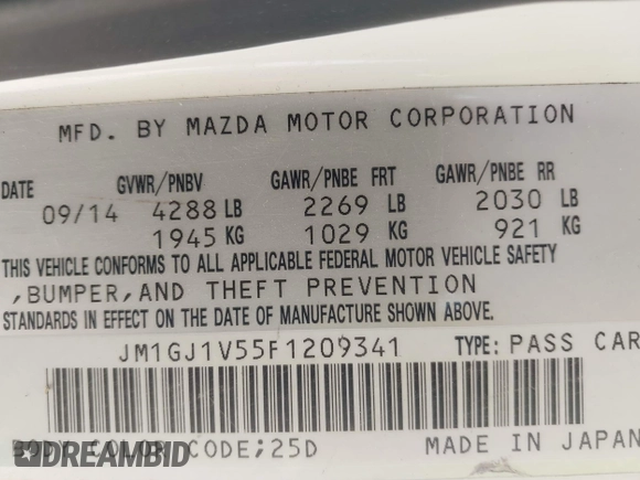 2015 Mazda 6 i Touring with VIN JM1GJ1V55F1209341, listed as a IAAI auction lot 41984500 with 192,140 mi miles. Bid and sale history available at carsss.com. Image 9.