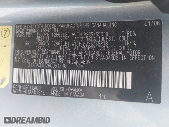 2006 Lexus RX 330 with VIN 2T2GA31U26C051718, listed as a IAAI auction lot 41911037 with 134,770 mi miles and . Bid and sale history available at DreamBid. Image 9.