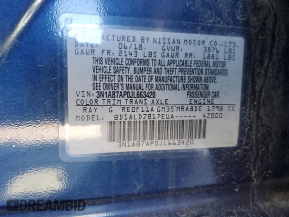 2018 Nissan Sentra SV with VIN 3N1AB7AP0JL663420, listed as a Copart auction lot 53257305 with 80,599 mi miles and Salvage Title. Bid and sale history available at DreamBid. Image 14.