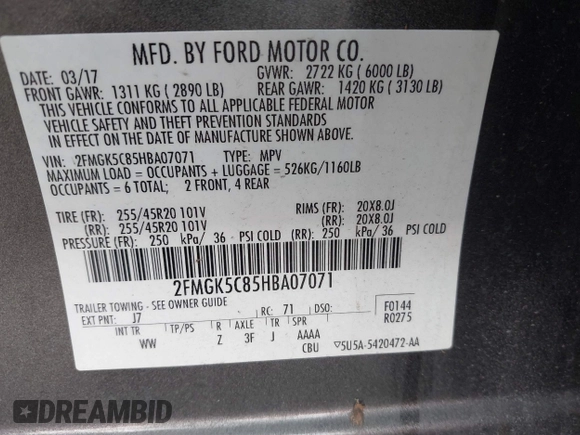 2017 Ford Flex SEL with VIN 2FMGK5C85HBA07071, listed as a IAAI auction lot 41742766 with 80,703 mi miles. Bid and sale history available at carsss.com. Image 9.