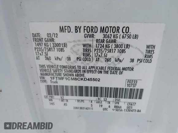 2012 Ford F-150 XL с VIN 1FTMF1CM8CKD45502, выставлен на аукционе IAAI как лот 42257000 с пробегом 182 473 миль миль и . История ставок и продаж доступна на DreamBid. Изображение 9.