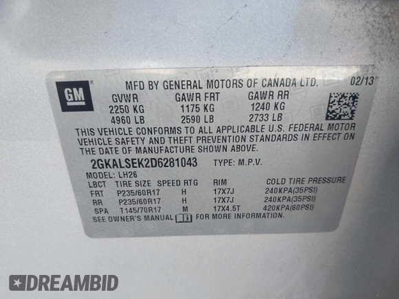 2013 GMC Terrain SLE with VIN 2GKALSEK2D6281043, listed as a IAAI auction lot 42148129 with 121,748 mi miles and . Bid and sale history available at DreamBid. Image 9.