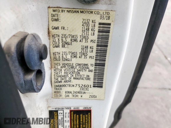 2018 Nissan Frontier S with VIN 1N6BD0CT8JN752601, listed as a Copart auction lot 60328635 with 45,559 mi miles and Salvage title. Bid and sale history available at DreamBid. Image 12.