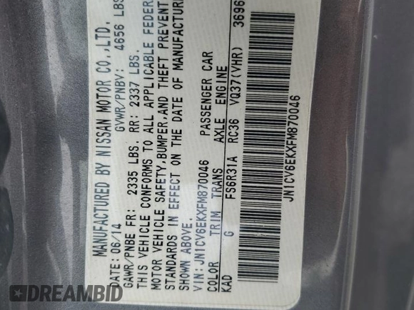2015 Infiniti Q60 S Limited with VIN JN1CV6EKXFM870046, listed as a Copart auction lot 60286085 with 99,319 mi miles and Salvage title. Bid and sale history available at DreamBid. Image 12.