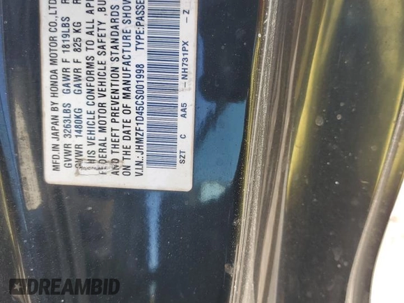 2012 Honda CR-Z with VIN JHMZF1D45CS001998, listed as a Copart auction lot 88301985 with 146,306 mi miles and Salvage title. Bid and sale history available at DreamBid. Image 13.