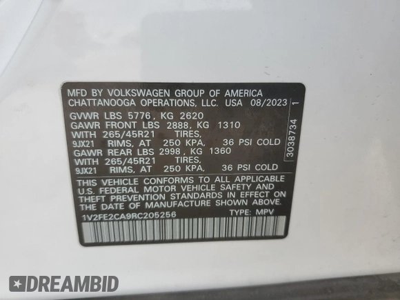 2024 Volkswagen Atlas SEL Premium R-Line с VIN 1V2FE2CA9RC205256, выставлен на аукционе Copart как лот 50717495 с пробегом 22 786 миль миль и Списание • Salvage title. История ставок и продаж доступна на DreamBid. Изображение 15.