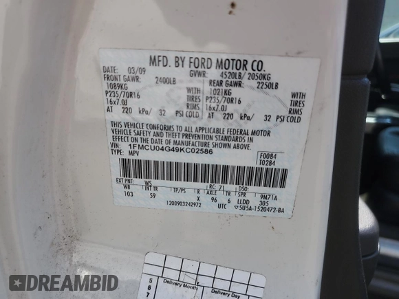 2009 Ford Escape Limited with VIN 1FMCU04G49KC02586, listed as a Copart auction lot 62153435 with 213,572 mi miles and Clean title. Bid and sale history available at DreamBid. Image 12.