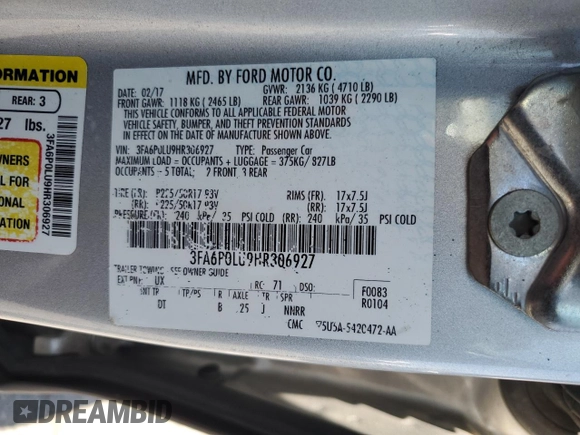 2017 Ford Fusion Hybrid SE z VIN 3FA6P0LU9HR306927, wystawiony jako Copart lot #63943395 z przebiegiem 157 851 mil mil oraz Czysty tytuł • Clean title. Historia ofert i sprzedaży dostępna na DreamBid. Obrazek 12.