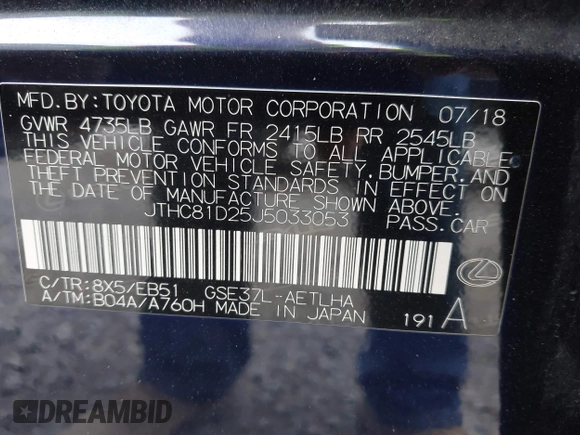 2018 Lexus IS 300 with VIN JTHC81D25J5033053, listed as a IAAI auction lot 40852465 with 77,892 mi miles and . Bid and sale history available at DreamBid. Image 9.