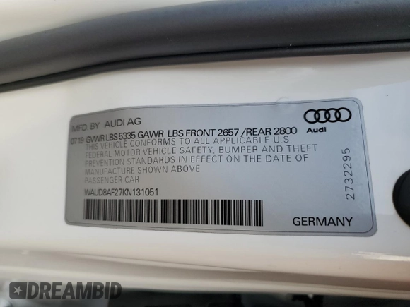 2019 Audi A6 Premium with VIN WAUD8AF27KN131051, listed as a Copart auction lot 70154252 with 27,035 mi miles. Bid and sale history available at carsss.com. Image 14.