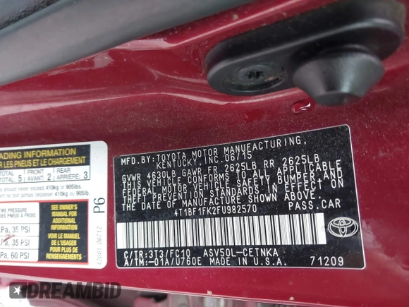 2015 Toyota Camry XLE with VIN 4T1BF1FK2FU982570, listed as a IAAI auction lot 41629755 with 245,224 mi miles. Bid and sale history available at carsss.com. Image 9.