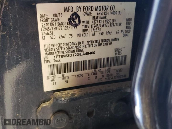 2016 Ford F-350 Lariat z VIN 1FT8W3DT2GEA48460, wystawiony jako Copart lot #57562475 z przebiegiem Nie podano mil oraz Szkoda całkowita • Salvage title. Historia ofert i sprzedaży dostępna na DreamBid. Obrazek 13.