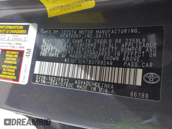 2011 Toyota Camry LE with VIN 4T1BF3EK7BU769248, listed as a IAAI auction lot 41772040 with 170,325 mi miles and . Bid and sale history available at carsss.com. Image 9.