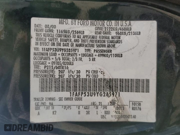 2000 Ford Taurus SE with VIN 1FAFP53U9YG285971, listed as a Copart auction lot 78138984 with 182,135 mi miles and Salvage Title. Bid and sale history available at DreamBid. Image 12.