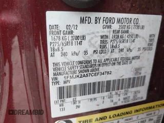 2012 Ford Expedition Max Limited с VIN 1FMJK2A57CEF34782, выставлен на аукционе IAAI как лот 42364292 с пробегом 276 614 миль миль и . История ставок и продаж доступна на DreamBid. Изображение 9.