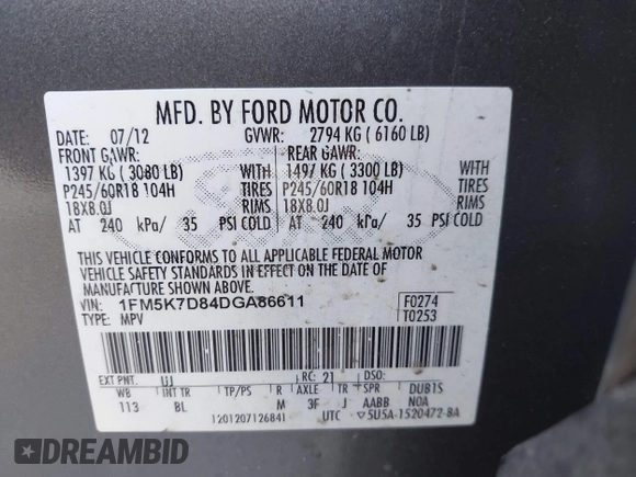 2013 Ford Explorer XLT with VIN 1FM5K7D84DGA86611, listed as a IAAI auction lot 41765690 with 189,794 mi miles. Bid and sale history available at carsss.com. Image 9.