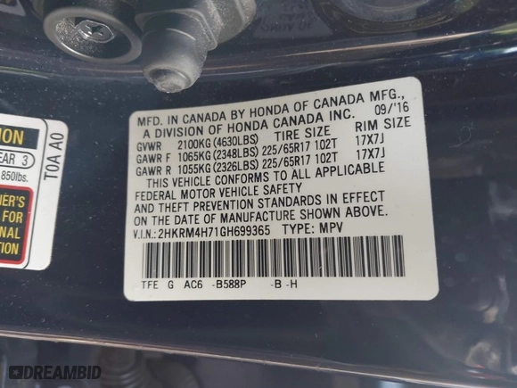 2016 Honda CR-V EX-L with VIN 2HKRM4H71GH699365, listed as a IAAI auction lot 41893626 with 67,111 mi miles. Bid and sale history available at carsss.com. Image 9.