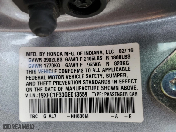 2016 Honda Civic Sedan EX-T with VIN 19XFC1F33GE013559, listed as a Copart auction lot 60928424 with 85,838 mi miles and Clean Title. Bid and sale history available at carsss.com. Image 12.