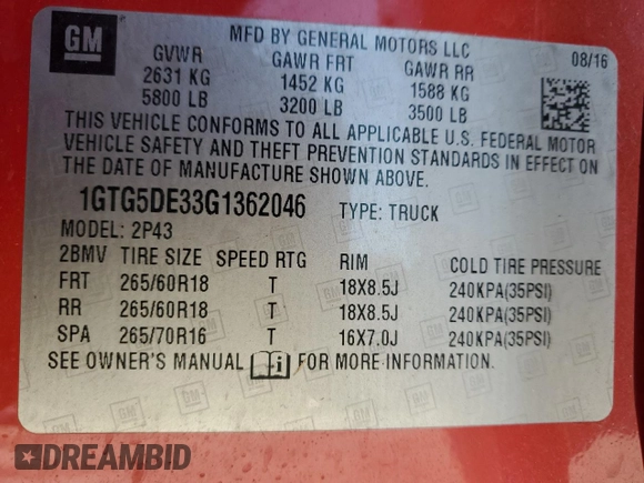 2016 GMC Canyon 2WD SLT with VIN 1GTG5DE33G1362046, listed as a Copart auction lot 45237555 with 160,864 mi miles and Salvage Title. Bid and sale history available at carsss.com. Image 13.