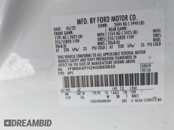 2022 Ford Explorer Limited with VIN 1FMSK8FH2NGB65833, listed as a IAAI auction lot 41664618 with 31,459 mi miles. Bid and sale history available at carsss.com. Image 9.