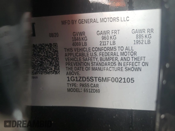 2021 Chevrolet Malibu LT with VIN 1G1ZD5ST6MF002105, listed as a Copart auction lot 49382565 with Not Provided miles and Non Repairable. Bid and sale history available at DreamBid. Image 12.