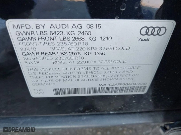 2016 Audi Q5 Premium with VIN WA1C2AFP6GA045539, listed as a IAAI auction lot 41134864 with 105,152 mi miles. Bid and sale history available at carsss.com. Image 9.