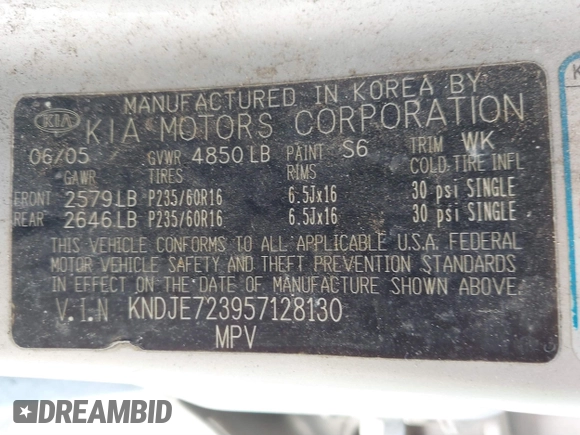 2005 Kia Sportage LX with VIN KNDJE723957128130, listed as a IAAI auction lot 41646193 with 188,142 mi miles and . Bid and sale history available at carsss.com. Image 9.