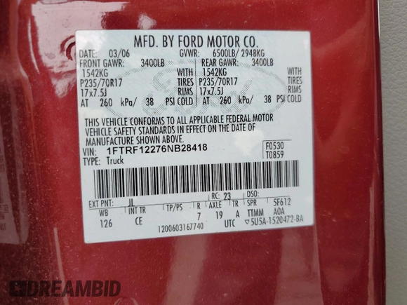 2006 Ford F-150 XL with VIN 1FTRF12276NB28418, listed as a Copart auction lot 58715645 with 161,447 mi miles and Salvage title. Bid and sale history available at DreamBid. Image 13.