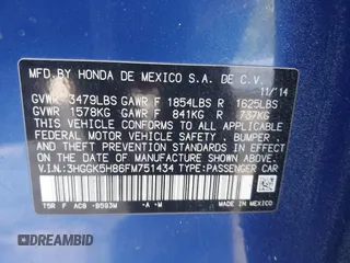 2015 Honda Fit EX-L with VIN 3HGGK5H86FM751434, listed as a IAAI auction lot 42065501 with 106,546 mi miles. Bid and sale history available at carsss.com. Image 9.