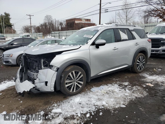 2023 Nissan Pathfinder Platinum with VIN 5N1DR3DK7PC262574, listed as a Copart auction lot 44063835 with 13,480 mi miles and Salvage title. Bid and sale history available at DreamBid. Image 1.