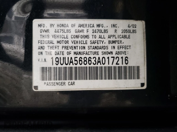 2003 Acura TL Type S with VIN 19UUA56863A017216, listed as a Copart auction lot 46804045 with 207,769 mi miles and Salvage Title. Bid and sale history available at carsss.com. Image 12.