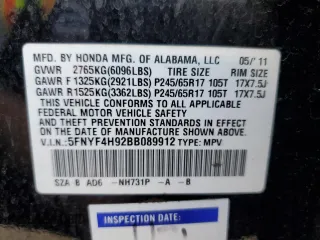 2011 Honda Pilot Touring with VIN 5FNYF4H92BB089912, listed as a Copart auction lot 52033125 with 159,080 mi miles and Salvage Title. Bid and sale history available at carsss.com. Image 13.