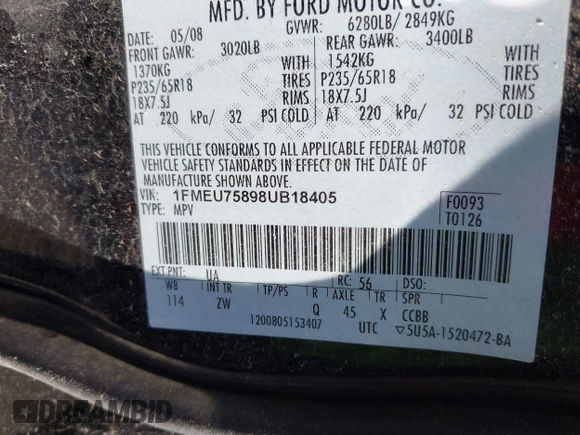 2008 Ford Explorer Limited with VIN 1FMEU75898UB18405, listed as a IAAI auction lot 42734194 with 201,232 mi miles and . Bid and sale history available at DreamBid. Image 9.