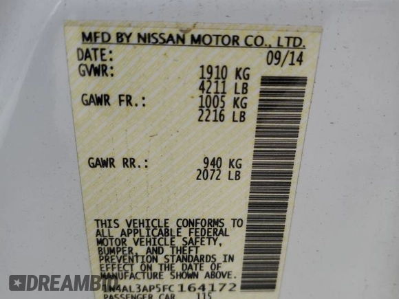 2015 Nissan Altima SL z VIN 1N4AL3AP5FC164172, wystawiony jako Copart lot #50414635 z przebiegiem 165 640 mil mil oraz Szkoda całkowita • Salvage title. Historia ofert i sprzedaży dostępna na DreamBid. Obrazek 12.