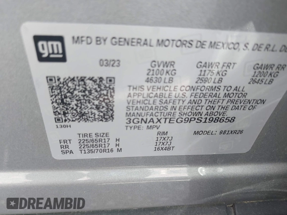 2023 Chevrolet Equinox LT with VIN 3GNAXTEG9PS198658, listed as a IAAI auction lot 42203767 with 25,177 mi miles and . Bid and sale history available at DreamBid. Image 9.