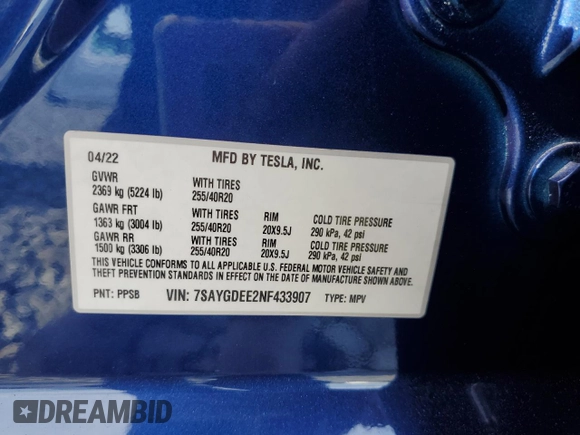 2022 Tesla Model Y Long Range z VIN 7SAYGDEE2NF433907, wystawiony jako Copart lot #54402215 z przebiegiem 44 765 mil mil oraz Szkody całkowita. Historia ofert i sprzedaży dostępna na DreamBid. Obrazek 13.