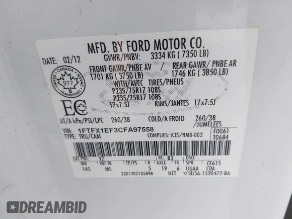 2012 Ford F-150 XL с VIN 1FTFX1EF3CFA97558, выставлен на аукционе IAAI как лот 42061367 с пробегом 177 913 миль миль и . История ставок и продаж доступна на DreamBid. Изображение 9.