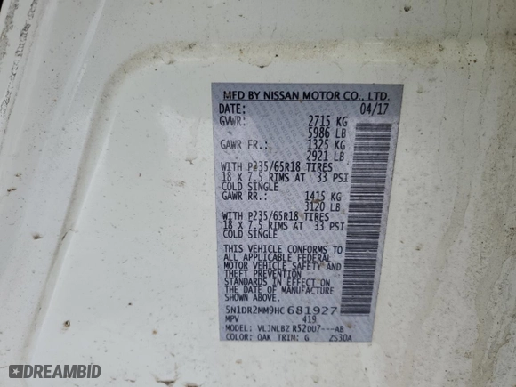 2017 Nissan Pathfinder S with VIN 5N1DR2MM9HC681927, listed as a Copart auction lot 46588775 with 76289 miles and Salvage Title. Bid and sale history available at carsss.com. Image 13.
